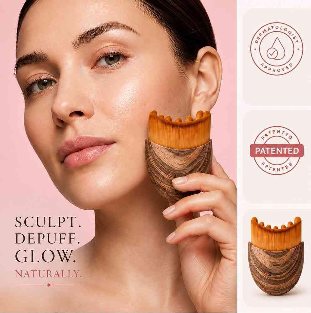 Woman using a wooden brush on her face with product details on a pink background